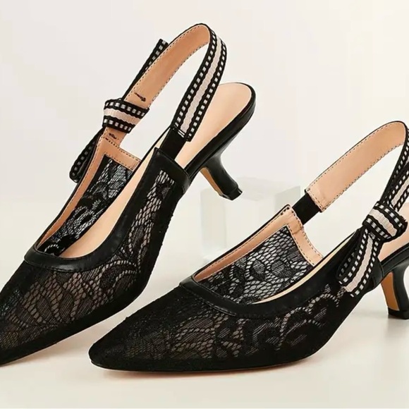 Women Slingback Kitten Heels Closed Pointed Toe Bowknot Knitted Slip - Picture 3 of 5